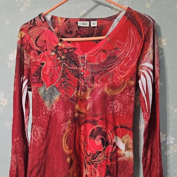 Cato Red Graphic Long Sleeve Top - Embellished Rhinestones - Medium - Picture 1 of 1